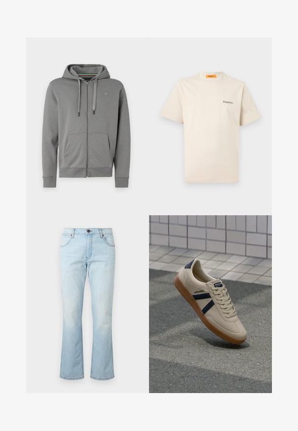 Grå zip-up hoodie lavet af blødt stof, med hætte, to frontlommer og ribbede manchetter, med et logo på venstre bryst.; Replay Inc. ESSENTIAL LOGO UNISEX - T-shirts basic - ivory; Lyseblå denimjeans med mellemhøj talje, knap- og lynlåslukning, forlommer og let udvidede ben.; Beige sneaker med struktureret overflade, marineblå striber og gummisål. Har en polstret tunge og traditionelt snørresystem for en sikker pasform.