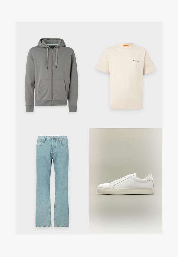 Grå zip-up hoodie lavet af blødt stof, med hætte, to frontlommer og ribbede manchetter, med et logo på venstre bryst.; Replay Inc. ESSENTIAL LOGO UNISEX - T-shirts basic - ivory; Lysblå denimjeans med lige ben-design, der har fem lommer og en knaplukning. Synlige sømme og frynsedetaljer i kanten.; Hvid lavtop sneaker med snørebånd foran og tyk sål, vist fra siden mod en neutral baggrund.