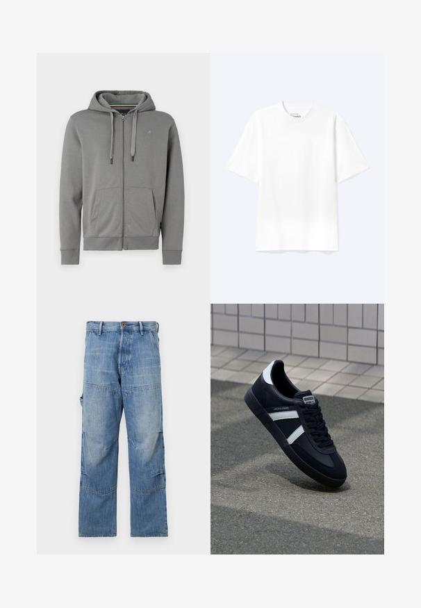 Graue Zip-up Hoodie aus weichem Stoff, mit Kapuze, zwei Fronttaschen und gerippten Bündchen, mit einem Logo auf der linken Brust.; Schlichtes weißes T-Shirt mit kurzen Ärmeln und Rundhalsausschnitt in entspannter Passform, auf hellem Hintergrund dargestellt.; Hellblaue Jeanshose mit weitem Bein, ausgebleichten Bereichen und aufgenähten Nähten. Mit einem Knopf- und Reißverschluss vorne sowie seitlichen Taschen.; Schwarze Leder-Sneaker mit weißen Streifen, strukturiertem Gummisohle und Schnürung. Verfügt über ein Markenetikett auf der Zunge.
