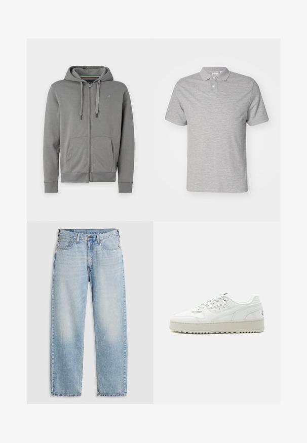 Graue Zip-up Hoodie aus weichem Stoff, mit Kapuze, zwei Fronttaschen und gerippten Bündchen, mit einem Logo auf der linken Brust.; Graues Polohemd aus Baumwollmischung mit klassischem Kragen, Drei-Knopf-Leiste, kurzen Ärmeln und dezentem gesticktem Logo.; Helleblaue Jeans im geraden Schnitt mit fünf Taschen, Metallknopfverschluss und verblasstem Detail an Oberschenkeln und Knien, flach auf einem weißen Hintergrund ausgebreitet.; Weißer Sneaker in niedriger Ausführung mit dicker Sohle, Schnürverschluss vorne, perforierten Details und gepolstertem Schaft auf schlichtem hellgrauem Hintergrund.