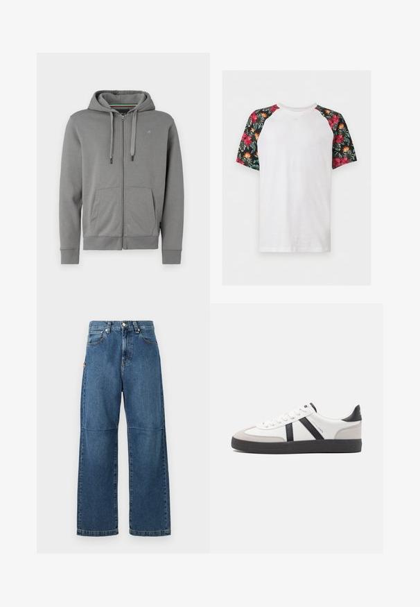 Grå zip-up hoodie lavet af blødt stof, med hætte, to frontlommer og ribbede manchetter, med et logo på venstre bryst.; Hvid T-shirt med korte ærmer og sorte raglanærmer med røde og orange tropiske blomsterprint.; Blå denim jeans med afslappet pasform, lige ben, synlige sømme og lukkes med en knap foran. Har en sidelomme med accent.; Hvide sneakers med sorte og grå detaljer, med en tekstureret grå tåhætte, sort gummisål og flade hvide snørebånd. Rent design, minimalistisk stil.