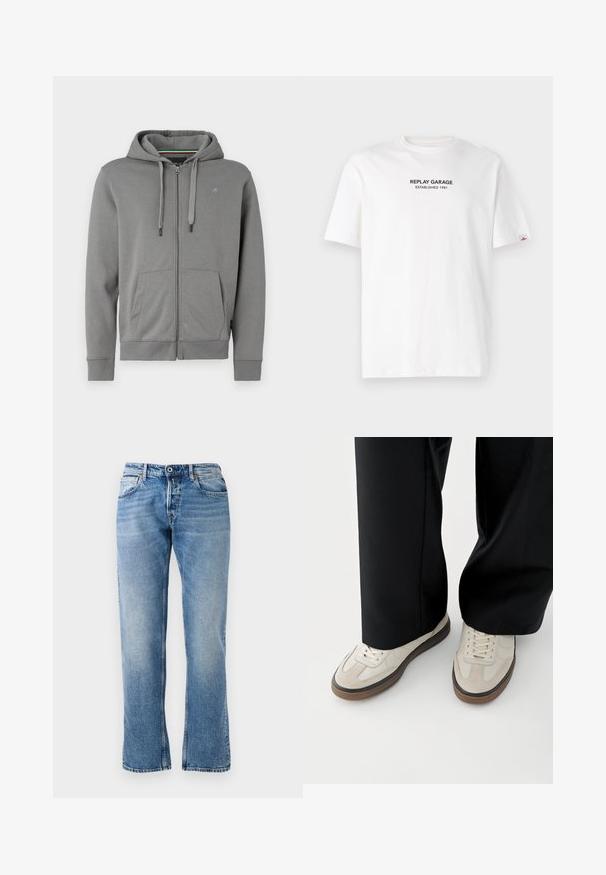 Grå zip-up hoodie lavet af blødt stof, med hætte, to frontlommer og ribbede manchetter, med et logo på venstre bryst.; Hvid bomulds T-shirt med korte ærmer, prydet med et sort trykt logo, der står "REPLAY GARAGE ETABLERT 1981" på forsiden.; Lysblå denimjeans med lige pasform, fem lomme-design og let falmede detaljer. Har en knap- og lynlåslukning samt en syet kant.; Fødder iført beige sneakers med brune såler og sorte bukser med vide ben på hvid baggrund.