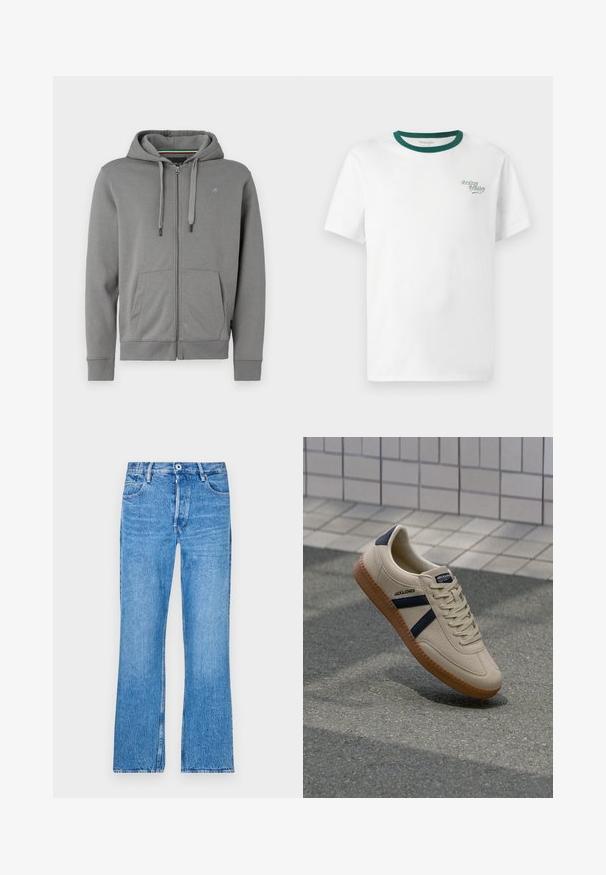 Sudadera gris con cremallera hecha de tejido suave, con capucha, dos bolsillos frontales y puños de canalé, que presenta un logo en el lado izquierdo del pecho.; Camiseta blanca de algodón con un cuello redondo verde, que presenta un pequeño logo de "Cowboy Country" bordado en verde en el lado izquierdo del pecho.; Vaqueros azules de pierna recta hechos de mezclilla con un lavado descolorido. Presentan un cierre de botón, lazos para el cinturón y un diseño estándar de cinco bolsillos.; Zapatilla beige con acabado texturizado, rayas azul marino y suela de goma. Presenta una lengüeta acolchada y un sistema de cordones tradicional para un ajuste seguro.