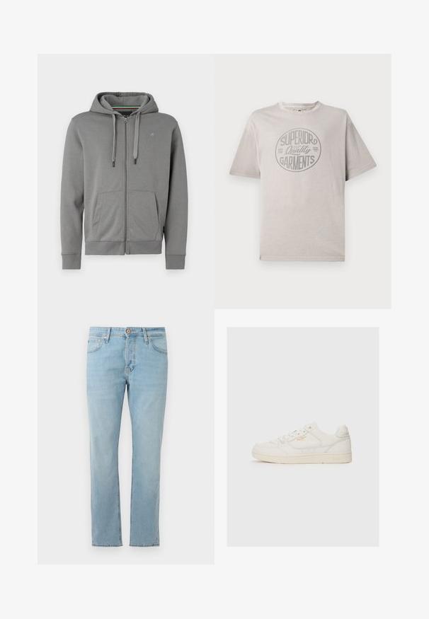 Graue Zip-up Hoodie aus weichem Stoff, mit Kapuze, zwei Fronttaschen und gerippten Bündchen, mit einem Logo auf der linken Brust.; Graues T-Shirt mit kurzen Ärmeln aus Baumwolle und rundem Halsausschnitt. Mit einem kreisförmigen Aufdruck, der "Superior Quality Garments" liest.; Hellblaue Jeans aus Denim mit geradem Schnitt, fünf Taschen und einem Knopfverschluss an der Taille, flach auf einem weißen Hintergrund ausgelegt.; Weiße Leder-Sneaker mit glatter Textur, versehen mit perforierten Akzenten, Schnürung an der Vorderseite und einem subtilen Logo in Gold an der Seite.