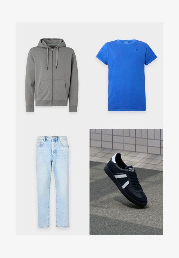 Grijze zip-up hoodie van zacht materiaal, met een capuchon, twee voorzakken en ribbelmanchetten, met een logo op de linkerborst.; Blauwe T-shirt met korte mouwen van katoen met een ronde hals. Heeft omgeslagen manchetten en een klein logo in donkerblauw op de borst.; Lichtblauwe spijkerbroek met een recht pijpdesign, vervaagde textuur en traditionele vijf-vakken stijl. Voorzijde met ritssluiting en knoopsluiting.; Zwarte leren sneaker met witte strepen, een gestructureerde rubberen zool en vetersluiting aan de voorkant. Voorzien van een merklabel op de tong.