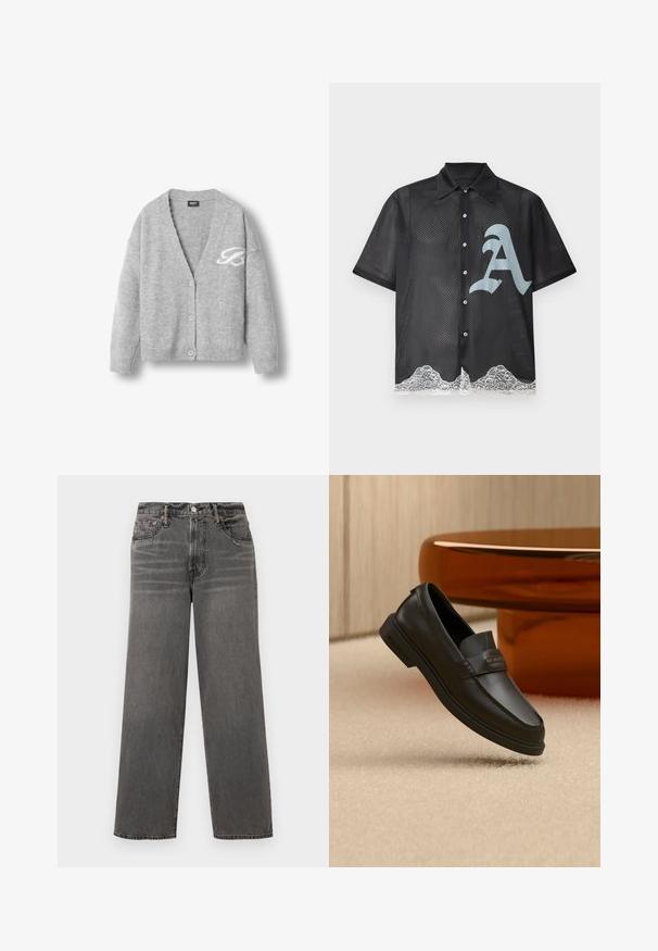 Cardigan en laine grise avec un col en V, des manches longues, cinq boutons et un logo blanc sur le côté gauche. Texture douce, coupe décontractée.; Chemise noire en mesh à manches courtes avec boutons, grand « A » gris stylisé à l'avant et finition en dentelle blanche le long de l'ourlet inférieur.; Jeans en denim gris avec une coupe droite, taille haute, style à cinq poches et légère décoloration le long des jambes. Accents en métal.; Chaussure noire en cuir à enfiler avec des accents cousus, un col relevé et une semelle en caoutchouc plate, positionnée au-dessus d'une surface beige douce.