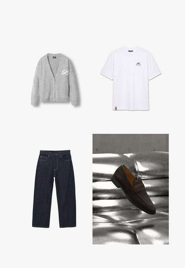 Cardigan en laine grise avec un col en V, des manches longues, cinq boutons et un logo blanc sur le côté gauche. Texture douce, coupe décontractée.; T-shirt blanc à manches courtes avec un petit logo noir "PEGADOR" et un motif feuille sur la partie supérieure gauche de la poitrine, ainsi qu'une petite étiquette sur l'ourlet inférieur.; Pantalon en denim bleu foncé à coupe ample, avec des coutures dorées, une fermeture avant par boutons, et deux poches latérales.; Chaussure mocassin en cuir marron avec une semelle noire basse, placée contre un fond de coussin argenté métallique brillant et capitonné.