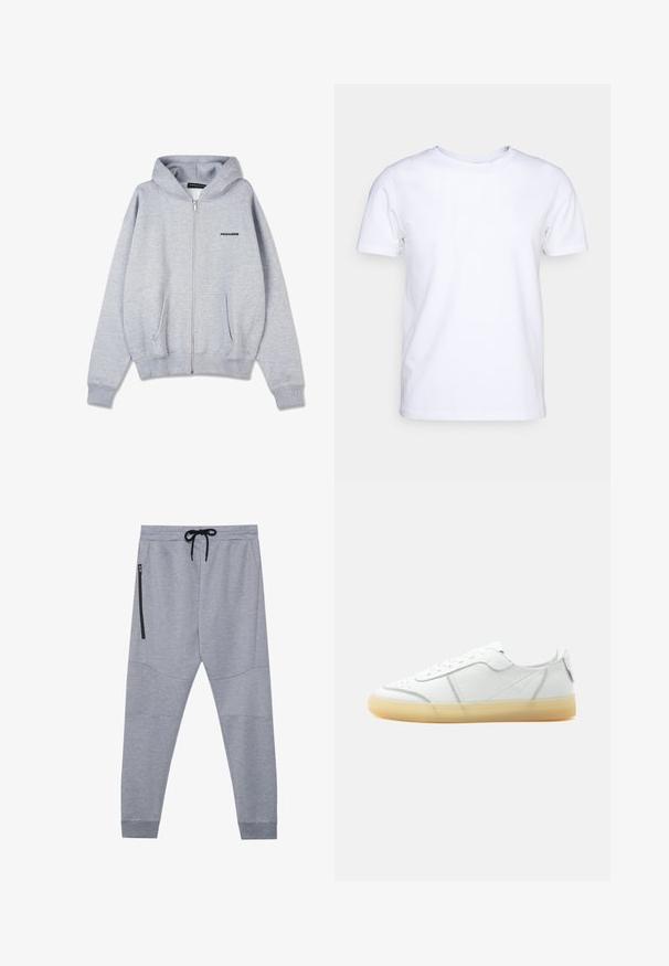 Grauer Reißverschluss-Hoodie aus weichem, geschleiftem Stoff. Besitzt eine Kängurutasche und gerippte Bündchen. Auf der Vorderseite befindet sich ein kleines schwarzes Logo auf der linken Brust.; Weißes T-Shirt mit kurzen Ärmeln aus Baumwollstoff und rundem Halsausschnitt. Schlichtes Design ohne Muster oder Akzente. Glatte Textur.; Graue Jogginghosen aus weichem Stoff mit einem Kordelzugbund, schmal zulaufenden Beinen und einer seitlichen Reißverschlusstasche für sicheren Stauraum.; Weißer flacher Ledersneaker mit beiger durchsichtiger Sohle, Schnürung vorne und minimalen Nähten, seitlich auf schlichtem Hintergrund gezeigt.