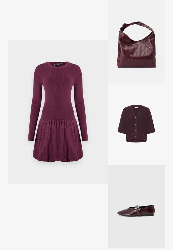 Kaffe KALABIS - Vest - windsor wine melange; Paarse jurk met een geribbelde lijfje, lange mouwen en een geplooide rok. De stof oogt glad en heeft een lichte textuur.; Bordeaux leren balletschoenen met een puntige neus, een platte zool en een decoratieve gesp over de wreef. Glad, glanzend oppervlak.; Bordeauxrode tas met een gestructureerd, geweven patroon, zacht leermateriaal en een enkele, geknoopte handgreep. Ruim, hobo-stijl ontwerp.