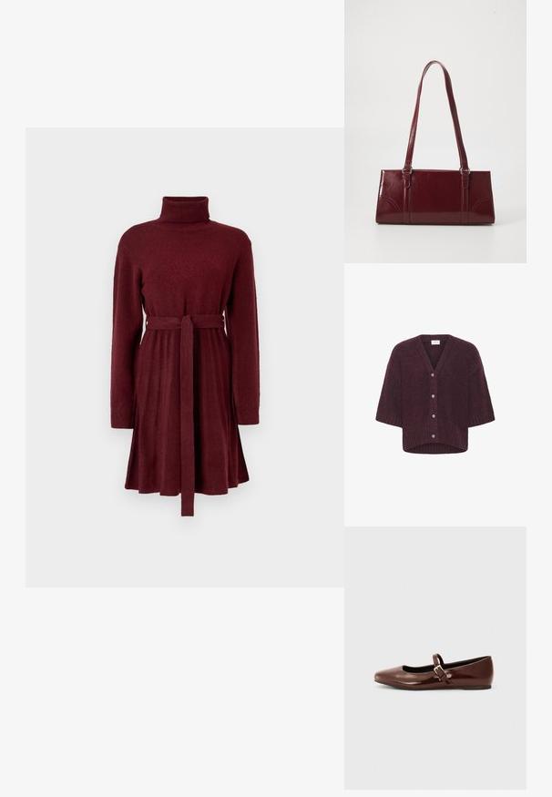 Kaffe KALABIS - Vest - windsor wine melange; Bordeaux langef Sleeves gebreide jurk met col en strikceintuur, voorzien van een geplooide rok en ribgebreide manchetten op de mouwen.; Bruine gepatineerde leren balletschoen met een vierkante neus en een bandje met een kleine gouden gesp. Gladde textuur, lage hak en minimalistisch ontwerp.; Bourgondische handtas van glanzend materiaal, rechthoekige vorm, met twee schouderbanden en subtiele gebogen accenten aan de voorkant.