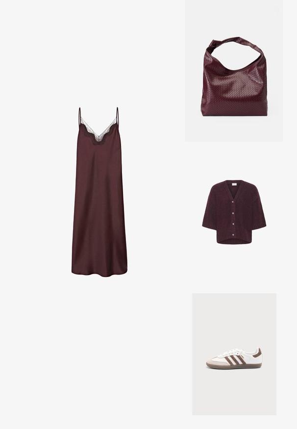 Kaffe KALABIS - Vest - windsor wine melange; Bordeauxrood satijnen nachtjapon met verstelbare dunne bandjes, voorzien van delicaat kanten randje langs de V-hals en een gladde, vloeiende silhouet.; Witte Adidas Samba sneaker met bruine suède strepen, bruine hielpatch, beige neuskap en translucente rubberen zool, van opzij getoond.; Bordeauxrode tas met een gestructureerd, geweven patroon, zacht leermateriaal en een enkele, geknoopte handgreep. Ruim, hobo-stijl ontwerp.