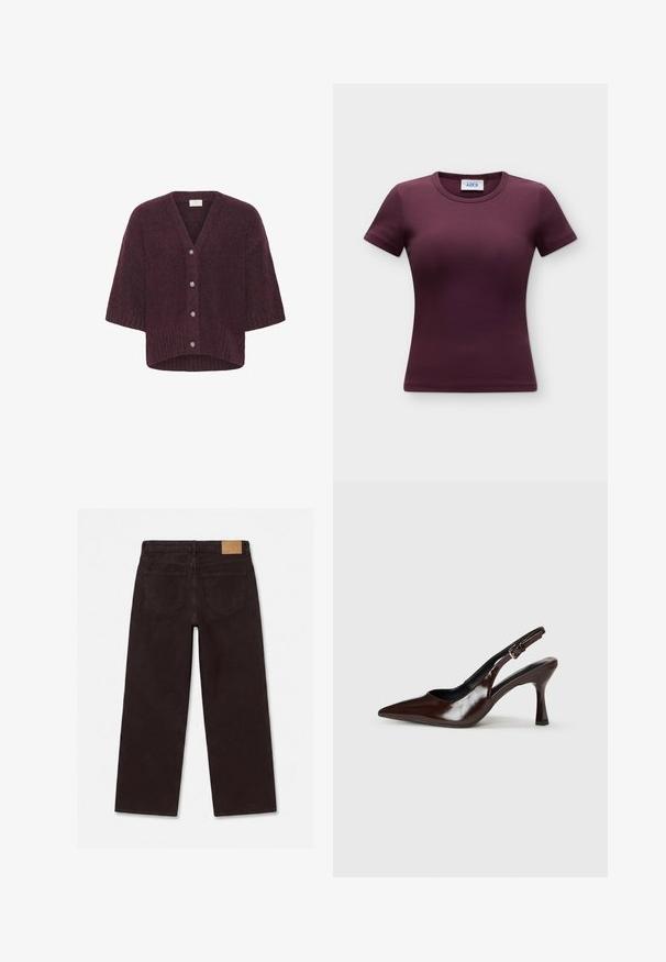 Kaffe KALABIS - Vest - windsor wine melange; T-shirt met korte mouwen, ronde hals, aansluitend en geribd in donkerpaars met een zichtbaar Jjxx merklabel aan de binnenkant van de kraag.; Donkerbruine rechtvallende broek, gezien van achteren, met twee achterzakken en een beige rechthoekige patch op de tailleband.; Bruine gepatineerde leren slingback pumps met een spitse neus, een dunne hak en een verstelbaar bandje met een kleine gesp.