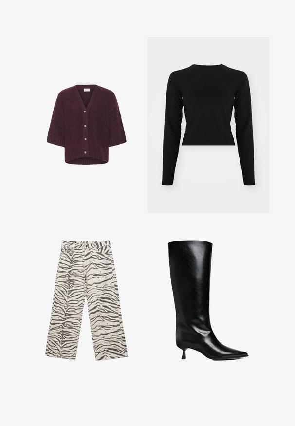 Kaffe KALABIS - Kardigán - windsor wine melange; Čierny dlhý rukáv cropped top s okrúhlym výstrihom a raglánovými rukávmi. Hladká textúra, minimalistický dizajn a bez viditeľných vzorov alebo hardvéru.; Biele nohavice s širokými nohavicami so vzorom zebrových prúžkov v čiernej a sivej farbe, s prednými vreckami, zapínaním na gombíky a zips.; Čierne kožené vysoké čižmy po kolená s špicatou špičkou, štíhlym siluetou a nízkym blokovým podpätkom s lesklým povrchom.
