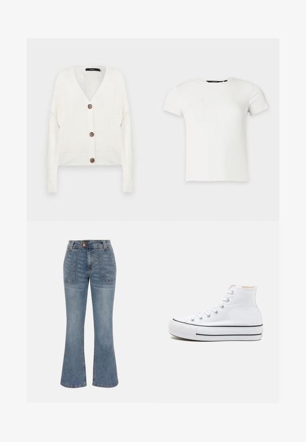 Cardigan blanc en tricot avec des manches longues, un col en V et cinq boutons marron à l'avant ; présente des poignets et un ourlet côtelés. Tissu texturé.; T-shirt blanc à manches courtes en maille côtelée avec col rond, présenté sur un fond uni gris clair.; Jean en denim bleu à taille haute, poches plaquées à l'avant, fermeture par bouton et zip, et une silhouette de jambe légèrement évasée.; Baskets montantes blanches en toile, semelle en caoutchouc noir et bande noire contrastante sur la semelle intermédiaire. Bout rond et design à lacets.