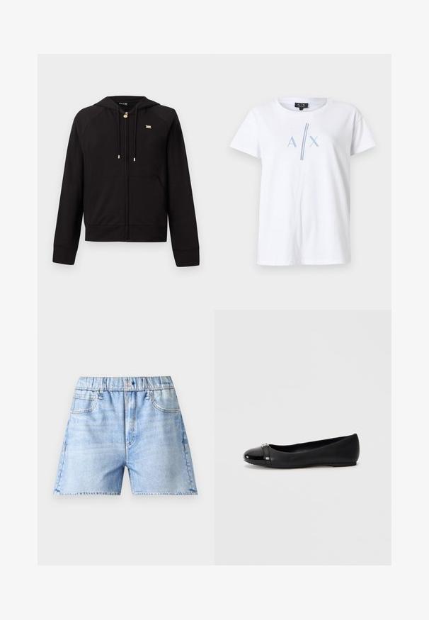 Sweat à capuche noir zippé en tissu doux, avec une capuche, des manches raglan, des détails en métal doré et des poches kangourou à l'avant.; T-shirt en coton blanc à manches courtes, avec un motif bleu "A X" et une bande verticale bleue. Encolure ras-du-cou classique.; Short en denim bleu clair avec taille élastique, fermeture par bouton, poches avant et léger effet délavé.; Chaussure plate noire à bout rond, avec un cap glossy en vernis et un corps en cuir texturé, accentuée par un petit détail métallique.