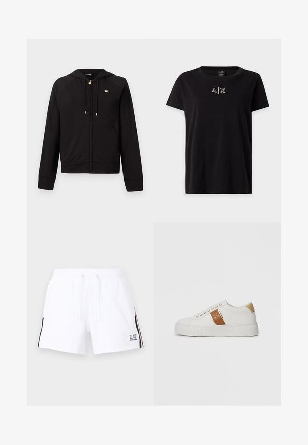 Sweat à capuche noir zippé en tissu doux, avec une capuche, des manches raglan, des détails en métal doré et des poches kangourou à l'avant.; T-shirt noir à manches courtes et col rond avec un logo blanc "A|X" centré sur la poitrine.; Shorts de sport blancs en tissu doux avec une ceinture élastique, un cordon de serrage, des poches latérales et une bande contrastante. Logo EA7 sur l'ourlet.; Baskets blanches basses avec un patch de talon beige, une sangle en cuir marron équipée d'une boucle dorée et du logo A|X, et une semelle en relief Armani Exchange.