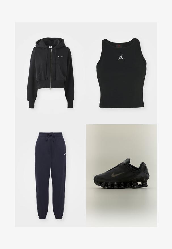 Haut à capuche noir coupé, fabriqué en mélange de coton, avec une fermeture éclair à l'avant, deux poches, une capuche à cordon de serrage et un logo Nike blanc sur la poitrine.; Débardeur noir ajusté en coton, avec un col rond et un logo Jordan blanc brodé au centre de l'avant. Texture lisse.; Pantalon de survêtement Nike en bleu marine, fabriqué dans un matériau doux. Présente une taille élastique avec un cordon de serrage et des chevilles resserrées. Petite accentuation logo blanche.; Baskets Nike noires avec tige zippée et semelle segmentée distinctive en forme de ressort, présentées de profil sur un fond neutre.
