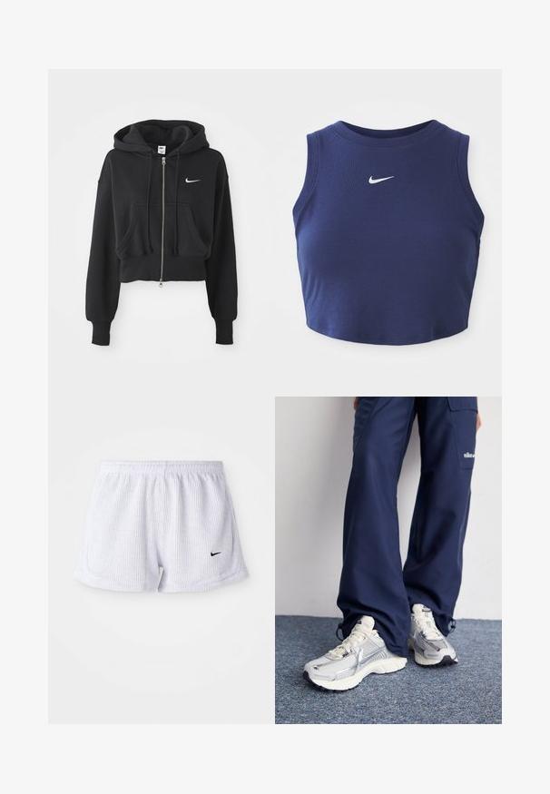 Korthvid sweatshirt i sort af bomuldsblanding, med frontlynlås, to lommer, hætte med snøre og et hvidt Nike-logo på brystet.; Marineblå ribbet crop top med rund halsudskæring og uden ærmer, med et lille hvidt Nike-logo på brystet.; Hvide ribbede sports-shorts med elastisk talje og lille sort Nike-logo på nederste venstre side. Enkel, minimalistisk design.; Nike sportssko med en sølvfarvet mesh-overdel, hvide detaljer og strukturerede såler, parret med løstsiddende navy bukser.