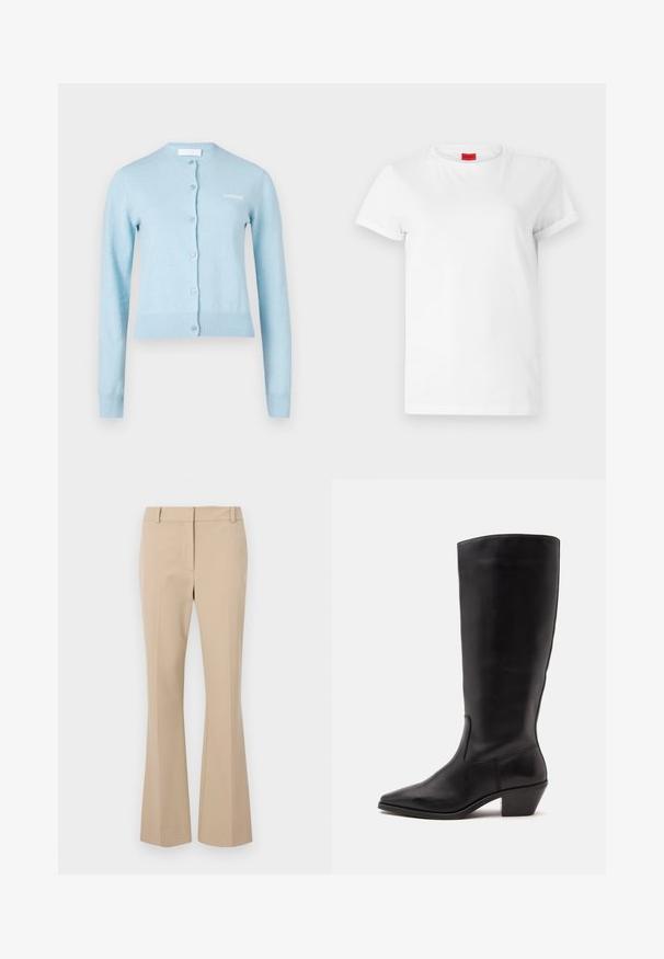 Hellblauer Cardigan aus weichem Stoff mit Rundhalsausschnitt, Knopfleiste vorne sowie gerippten Bündchen an Ärmelenden und Saum. Auf der Brust befindet sich ein gesticktes Logo.; Weißes Kurzarm-T-Shirt aus leichtem Baumwollstoff. Hat einen runden Halsausschnitt und umgeschlagene Ärmel. Rotes Logo-Tag am Kragen.; Beige Stoffhose mit geradem Schnitt, flachem Bund, Gürtelschlaufen und glatter Textur. Keine sichtbaren Taschen oder Muster.; Schwarzer Lederstiefel bis zur Wade mit spitzer Spitze und niedrigem schrägem Absatz vor einfachem hellem Hintergrund.