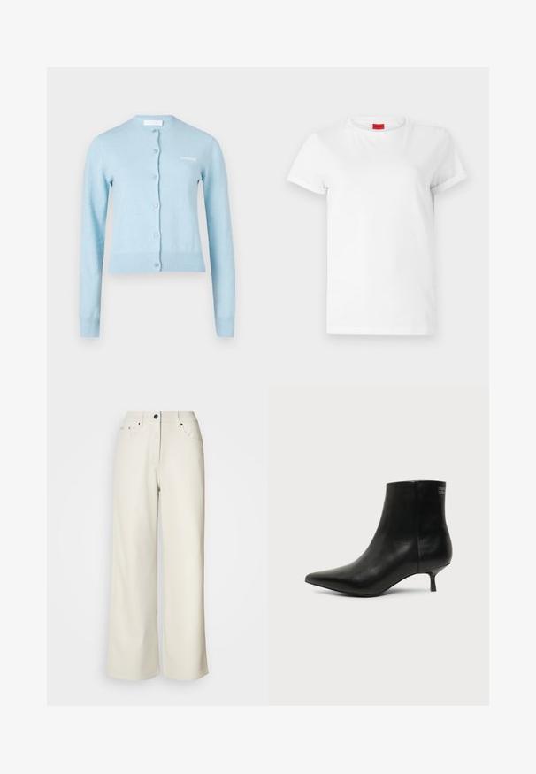 Hellblauer Cardigan aus weichem Stoff mit Rundhalsausschnitt, Knopfleiste vorne sowie gerippten Bündchen an Ärmelenden und Saum. Auf der Brust befindet sich ein gesticktes Logo.; Weißes Kurzarm-T-Shirt aus leichtem Baumwollstoff. Hat einen runden Halsausschnitt und umgeschlagene Ärmel. Rotes Logo-Tag am Kragen.; Cremefarbene weit geschnittene Hose aus glattem Stoff. Sie hat eine mittlere Leibhöhe, einen Reißverschluss und zwei vordere Taschen mit schwarzen Hardware-Elementen.; Schwarzer Leder-Knöchel-Stiefel mit spitzer Spitze und niedrigem Kittenabsatz vor hellem Hintergrund, seitliche Ansicht.