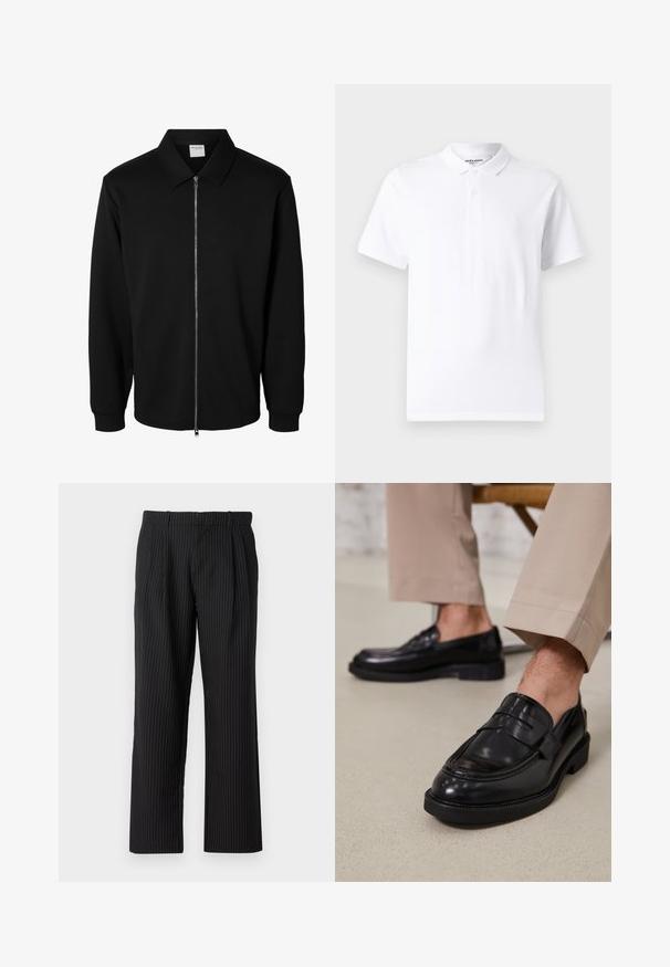 Schwarze langärmlige Jacke mit Reißverschluss und Kragen, vorderem Metallreißverschluss und gerippten Bündchen, auf weißem Hintergrund dargestellt.; Weiße Polohemden mit einem klassischen Kragen, einer Zwei-Knopf-Leiste, kurzen Ärmeln und einem kleinen Logo auf der Brust. Hergestellt aus glattem Stoff.; Jack & Jones JPSTBILL JJDAYTONA WIDE CHINO - Chino - black; Schwarze Lederloafers mit glatter Oberfläche, ausgestattet mit einem dekorativen Riemen und Kontrastnähten, kombiniert mit beigen Hosen.