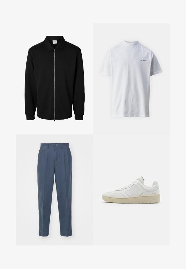 Veste noire à manches longues avec fermeture éclair, col, zip métallique à l'avant et poignets côtelés, présentée sur fond blanc.; T-shirt en coton blanc avec un col haut et des manches courtes. Présente le logo "SAMSØE SAMSØE" en noir sur le devant. Texture lisse.; Only & Sons ONSPALE NEW LOOSE PANT - Pantalon classique - dark slate; Baskets en cuir blanc avec une finition texturée et un col rembourré. Elles sont dotées d'une semelle en caoutchouc beige et d'une discrète branding sur le talon et le côté.