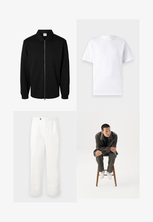 Veste noire à manches longues avec fermeture éclair, col, zip métallique à l'avant et poignets côtelés, présentée sur fond blanc.; T-shirt blanc à manches courtes en coton avec un col rond, présentant une texture lisse et un design simple, sans motifs ni accents.; Pantalon en coton blanc à coupe droite, avec deux plis à l'avant, une fermeture à un bouton et des poches latérales. Texture lisse.; Jeune homme en veste en cuir foncée et jean, assis sur un tabouret en bois, penché en avant, les bras croisés, regardant sur le côté sur fond blanc.