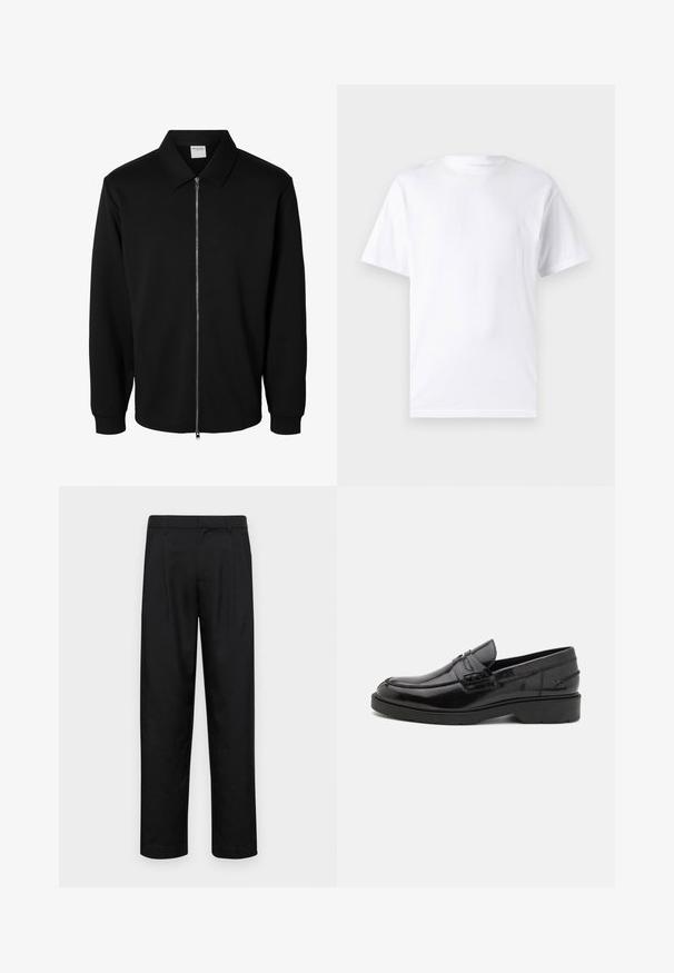 Schwarze langärmlige Jacke mit Reißverschluss und Kragen, vorderem Metallreißverschluss und gerippten Bündchen, auf weißem Hintergrund dargestellt.; Weißes kurzärmeliges T-Shirt aus Baumwolle mit Rundhalsausschnitt, das eine glatte Textur und ein einfaches Design ohne Muster oder Akzente aufweist.; Schwarze Hose aus glattem Stoff, mit geradem Bein Design, zwei vorderen Falten und einem Standardbund mit Gürtelschlaufen.; Schwarze Lederloafers mit glatter Oberfläche, abgerundetem Zehenbereich, niedrigem Absatz und dekorativer Naht entlang der Vorderseite. Gummisohle für guten Halt.