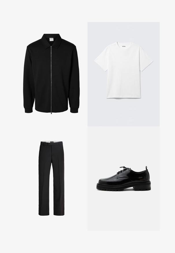 Zwarte jas met lange mouwen, rits en kraag, metalen rits aan de voorkant en geribde manchetten, weergegeven op een witte achtergrond.; Witte T-shirt met korte mouwen en ronde hals, plat gelegd, effen ontwerp, met een "WEEKDAY" label in de kraag op een lichte achtergrond.; Zwarte broek met een verfijnde pasvorm; heeft een platte voorkant, twee zijzakken en een gladde textuur; gemaakt van een lichtgewicht, ademend materiaal.; Zwarte gepolijste leren veterschoen met dikke rubberen zool en lage hak, zijmerktekst "SAMSOE" en een achterste aantreklus.