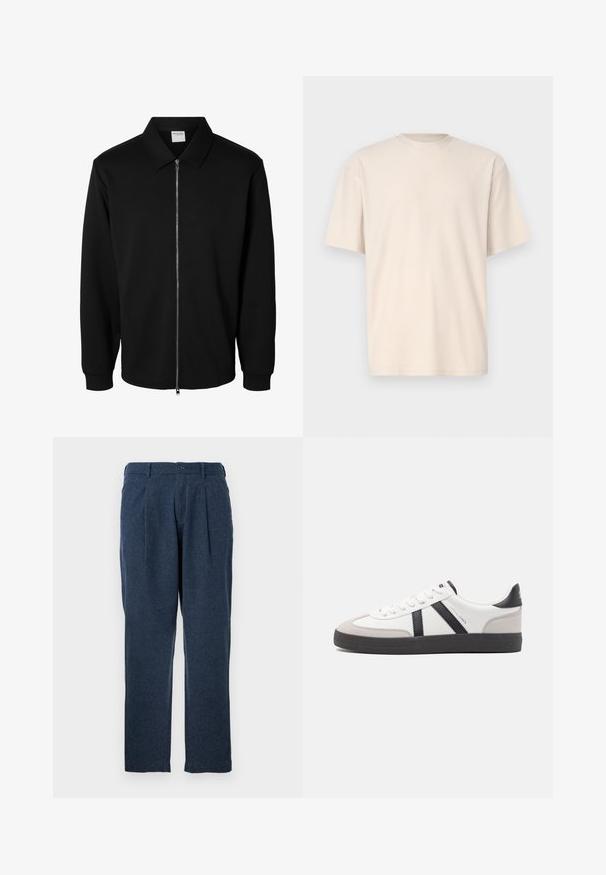 Chaqueta negra de manga larga con cremallera y cuello, cremallera metálica frontal y puños acanalados, mostrada sobre fondo blanco.; Only & Sons ONSFRED RELAXED PLIZZE TEE - Camiseta básica - moonstruck; Pantalones azul oscuro hechos de tejido texturizado, con pliegues, un cierre de botón y un diseño de pierna recta.; Zapatilla blanca con acentos en negro y gris, que presenta una puntera texturizada en gris, suela de goma negra y cordones planos blancos. Diseño limpio, estilo minimalista.