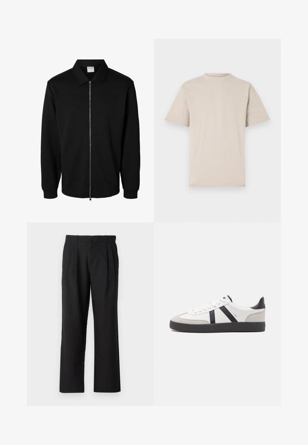 Schwarze langärmlige Jacke mit Reißverschluss und Kragen, vorderem Metallreißverschluss und gerippten Bündchen, auf weißem Hintergrund dargestellt.; Beige T-Shirt mit kurzen Ärmeln, Rundhalsausschnitt, aus glattem Baumwollstoff, mit lässiger Passform und ohne sichtbare Muster oder Verzierungen.; Jack & Jones Classic Wide Leg Fit - Stoffhose - black; Weiße Sneaker mit schwarz- und grau-aczenten, ausgestattet mit einer strukturierten grauen Zehenkappe, schwarzer Gummi-Sohle und flachen weißen Schnürsenkeln. Sauberes Design, minimalistische Stil.