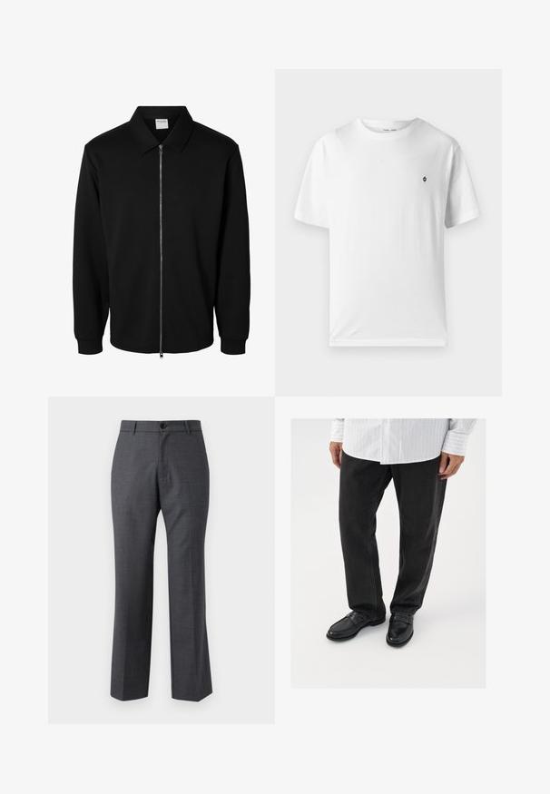 Chaqueta negra de manga larga con cremallera y cuello, cremallera metálica frontal y puños acanalados, mostrada sobre fondo blanco.; Camiseta blanca de algodón con cuello redondo, mangas cortas y un pequeño logo negro en el pecho. Textura suave, corte casual.; Pantalones de vestir grises a medida, hechos de una tela tejida, con un diseño de pierna recta, frente plano y un cierre de botón único.; Pantalones de mezclilla negros combinados con mocasines negros brillantes. La camisa es blanca con finas rayas verticales, de mangas largas y con cuello abotonado.