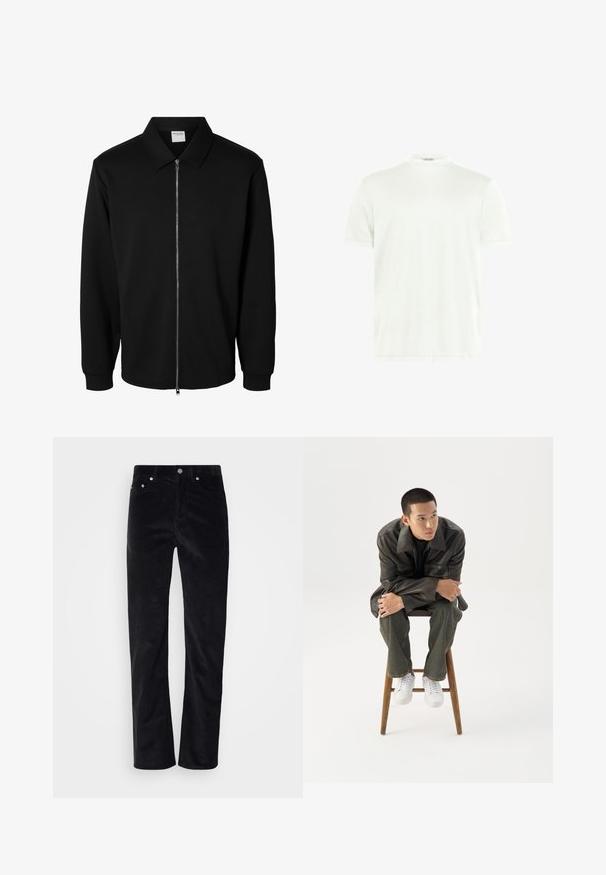 Musta vetoketjullinen pitkähiha jacket, jossa kaulus, etumainen metallivetoketju ja ribbikäänteet, valkoisella taustalla esitetty.; Valkoinen pyöreäkauluksinen T-paita pehmeästä kankaasta. Lyhyet hihat, ei kuvioita. Yksinkertainen muotoilu suoralla helmalla ja vähäisillä yksityiskohdilla.; Mustat samettihousut suoran lahkeen muotoilulla. Varusteena nappikiinnitys ja viisi taskua. Raskaasti uurrettua kangasta.; Nuori mies tummassa nahkatakissa ja farkuissa istuu puisella jakkaralla, nojaa eteenpäin käsivarret ristissä ja katsoo sivulle valkoista taustaa vasten.