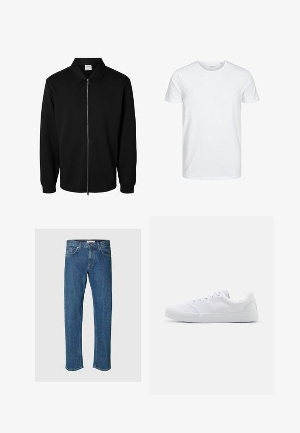 Schwarze langärmlige Jacke mit Reißverschluss und Kragen, vorderem Metallreißverschluss und gerippten Bündchen, auf weißem Hintergrund dargestellt.; Rundhals-T-Shirt mit kurzen Ärmeln in reinem Weiß, aus weicher Baumwolle, mit einem schlichten Design ohne sichtbare Muster oder Akzente.; Selected SLH196-STRAIGHT BEN KORI JEANS NOOS - Jeans Straight Leg - medium blue denim; Weiße Leinenschuhe mit Gummisohle, ausgestattet mit sechs Ösen, einer strukturierten Zehenkappe und minimalistischer Gestaltung.