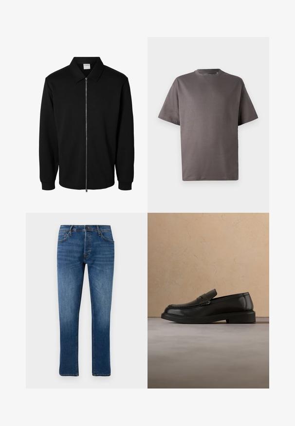 Veste noire à manches longues avec fermeture éclair, col, zip métallique à l'avant et poignets côtelés, présentée sur fond blanc.; T-shirt gris foncé à manches courtes avec un col rond, fabriqué à partir d'un tissu doux, avec une coupe décontractée et sans motifs ni accents visibles.; Jean droit bleu avec cinq poches, fermeture à bouton, et léger délavage au niveau des cuisses et des genoux, présentés sur fond blanc.; Mocassin en cuir noir flottant au-dessus d'un tapis tissé beige avec une table ronde en bois et un canapé en arrière-plan.