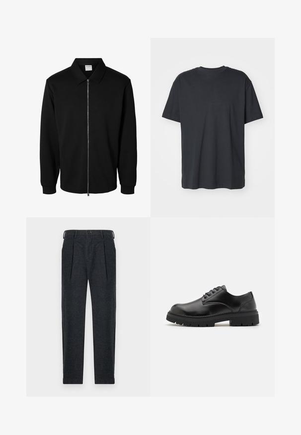 Schwarze langärmlige Jacke mit Reißverschluss und Kragen, vorderem Metallreißverschluss und gerippten Bündchen, auf weißem Hintergrund dargestellt.; Schwarzes Baumwoll-T-Shirt mit kurzen Ärmeln, rundem Ausschnitt, lockerer Passform und glatter Textur. Keine sichtbaren Muster oder zusätzlichen Details.; Graue Wollmix-Hosen mit zwei vorderen Falten, Gürtelschlaufen, Seitentaschen und einem Knopfverschluss. Gerade Beinform mit einer glatten Textur.; Schwarze Lederschuhe mit runder Zehenform, Schnürdesign und einer dicken, strukturierten Gummisohle. Sie verfügen über eine Naht entlang des Randes und haben eine glatte Oberfläche.