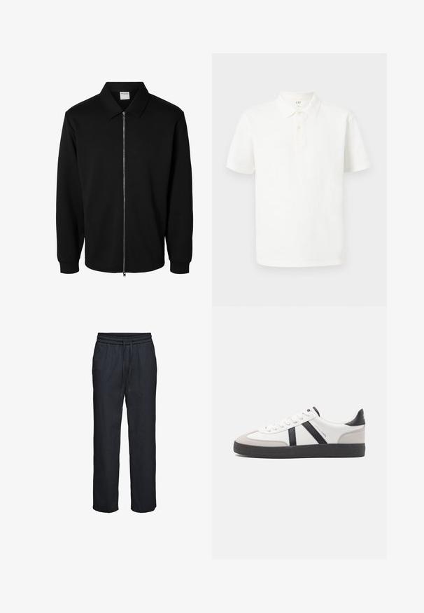 Chaqueta negra de manga larga con cremallera y cuello, cremallera metálica frontal y puños acanalados, mostrada sobre fondo blanco.; Camisa polo blanca de algodón con cuello clásico, mangas cortas, tapeta de dos botones y una sutil textura en la tela.; Pantalones negros de corte amplio con cintura elástica y cordón, piernas rectas, confeccionados con tela ligera.; Zapatilla blanca con acentos en negro y gris, que presenta una puntera texturizada en gris, suela de goma negra y cordones planos blancos. Diseño limpio, estilo minimalista.