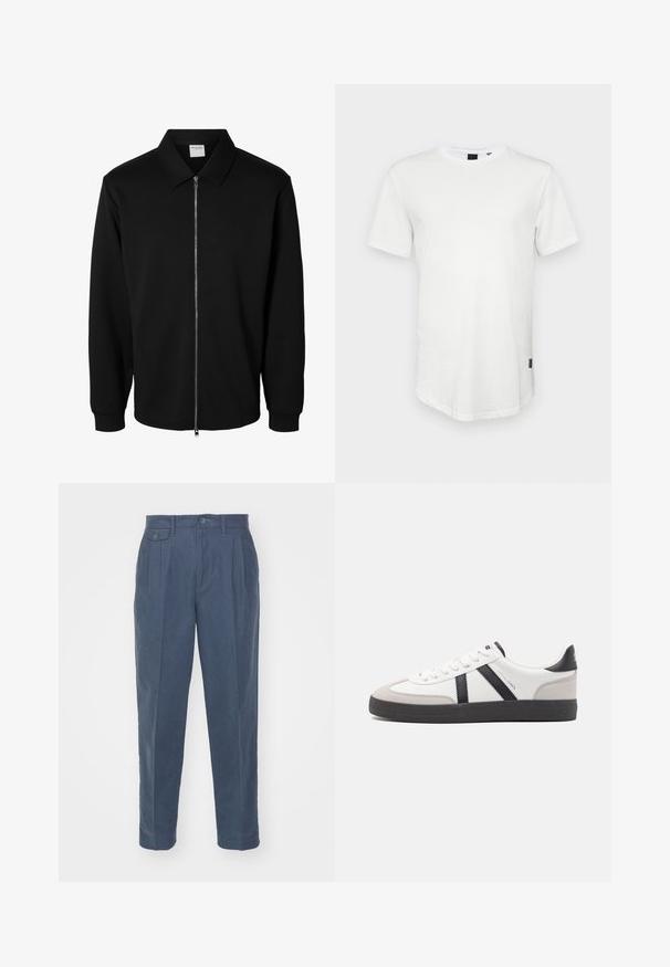Schwarze langärmlige Jacke mit Reißverschluss und Kragen, vorderem Metallreißverschluss und gerippten Bündchen, auf weißem Hintergrund dargestellt.; Weißes T-Shirt mit kurzen Ärmeln aus Baumwolle, mit Rundhalsausschnitt und einem leicht verlängerten Rückenteil, sowie einem kleinen Logo-Akzent an der Seite.; Only & Sons ONSPALE NEW LOOSE PANT - Stoffhose - dark slate; Weiße Sneaker mit schwarz- und grau-aczenten, ausgestattet mit einer strukturierten grauen Zehenkappe, schwarzer Gummi-Sohle und flachen weißen Schnürsenkeln. Sauberes Design, minimalistische Stil.