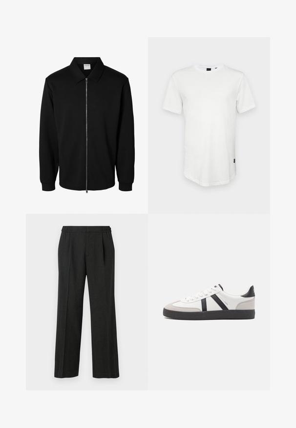 Musta vetoketjullinen pitkähiha jacket, jossa kaulus, etumainen metallivetoketju ja ribbikäänteet, valkoisella taustalla esitetty.; Valkoinen lyhythihainen t-paita, joka on valmistettu puuvillasta. T-paidassa on pyöreä kaula-aukko ja hieman pidennetty takaosa, ja siinä on pieni logotehoste sivussa.; Mustat leveälahkeiset housut, joissa on joustava vyötärö, poimutettu etuosa ja sileä pinta. Ei näkyviä kuvioita tai metalliosia.; Valkoiset lenkkarit mustilla ja harmailla yksityiskohdilla, joissa on teksturoitu harmaa kärki, musta kumipohja ja litteät valkoiset nauhat. Siisti muotoilu, minimalistinen tyyli.