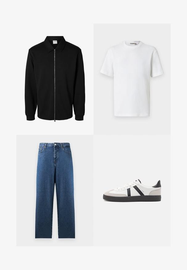 Schwarze langärmlige Jacke mit Reißverschluss und Kragen, vorderem Metallreißverschluss und gerippten Bündchen, auf weißem Hintergrund dargestellt.; Weißes, kurzärmeliges T-Shirt mit Waffelstrick und Rundhalsausschnitt, mit kleinem Markenetikett im Kragen, auf einfarbigem Hintergrund präsentiert.; Blaue Jeans aus Denim mit gerade geschnittenem Schnitt, hoher Taille und zwei Fronttaschen. Mit klassischer Nahtverzierung und Knopfverschluss.; Weiße Sneaker mit schwarz- und grau-aczenten, ausgestattet mit einer strukturierten grauen Zehenkappe, schwarzer Gummi-Sohle und flachen weißen Schnürsenkeln. Sauberes Design, minimalistische Stil.