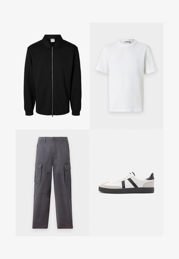 Schwarze langärmlige Jacke mit Reißverschluss und Kragen, vorderem Metallreißverschluss und gerippten Bündchen, auf weißem Hintergrund dargestellt.; Weißes, kurzärmeliges T-Shirt mit Waffelstrick und Rundhalsausschnitt, mit kleinem Markenetikett im Kragen, auf einfarbigem Hintergrund präsentiert.; Hollister Co. SKATER BAGGY - Cargohose - grey; Weiße Sneaker mit schwarz- und grau-aczenten, ausgestattet mit einer strukturierten grauen Zehenkappe, schwarzer Gummi-Sohle und flachen weißen Schnürsenkeln. Sauberes Design, minimalistische Stil.