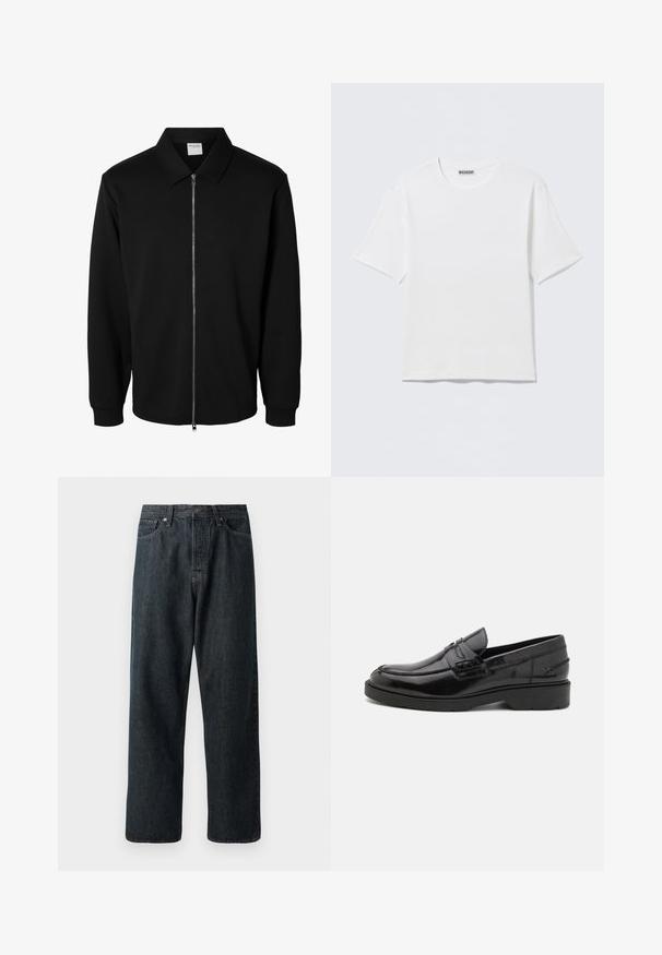 Schwarze langärmlige Jacke mit Reißverschluss und Kragen, vorderem Metallreißverschluss und gerippten Bündchen, auf weißem Hintergrund dargestellt.; Schlichtes weißes T-Shirt mit kurzen Ärmeln und Rundhalsausschnitt, mit einem kleinen "WEEKDAY"-Etikett an der Innenseite des Rückenkragens, auf einer flachen Oberfläche liegend dargestellt.; Dunkelblaue Jeans im Straight-Leg-Schnitt mit einem klassischen Fünf-Taschen-Design und einem Metallknopfverschluss an der Taille.; Schwarze Lederloafers mit glatter Oberfläche, abgerundetem Zehenbereich, niedrigem Absatz und dekorativer Naht entlang der Vorderseite. Gummisohle für guten Halt.