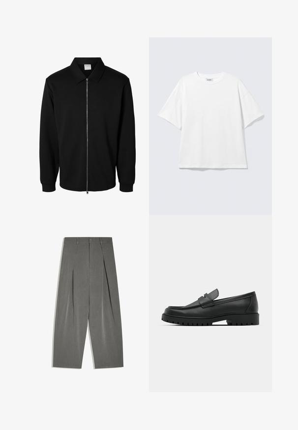 Schwarze langärmlige Jacke mit Reißverschluss und Kragen, vorderem Metallreißverschluss und gerippten Bündchen, auf weißem Hintergrund dargestellt.; Weißes oversized T-Shirt mit kurzen Ärmeln und Rundhalsausschnitt mit eingesetzten Schultern, flach auf hellgrauem Hintergrund.; Graue, weit geschnittene, maßgeschneiderte Hosen mit vorderen Falten, Knopfverschluss und Gürtelschlaufen, flach auf weißem Hintergrund ausgelegt.; Schwarze Lederloafer mit runder Zehenform, ausgestattet mit einem gesteppten Design, niedrigem Plattformsohle und einer strukturierten, genoppten Gummisohle.