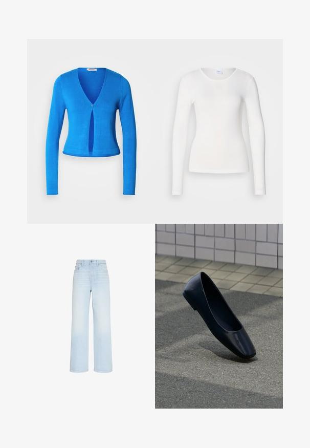 Blauer Langarm-Cardigan mit tiefem V-Ausschnitt und einem einzigen Knopfverschluss, mit figurbetontem Design und glattem, leichtem Stoff.; Weißes Langarmhemd aus einem weichen, glatten Stoff; hat einen runden Ausschnitt und eine figurbetonte Passform, ohne Muster oder Verzierungen.; Hellblaue Jeans mit weitem Bein und hoher Taille, mit Knopf- und Reißverschluss vorne, Gürtelschlaufen sowie vorderen und hinteren Taschen.; Schwarzer flacher Lederschuh steht aufrecht auf einer Asphaltfläche nahe dem Rand eines gefliesten Bürgersteigs.