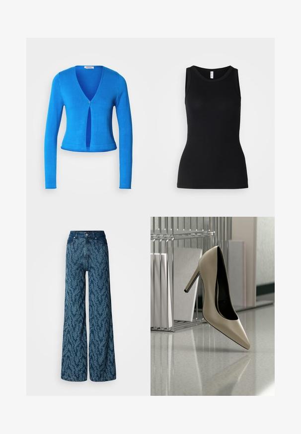 Cárdigan azul de manga larga con escote en V profundo y cierre de un solo botón, que presenta un diseño ajustado y una tela suave y ligera.; Top sin mangas negro hecho de tela acanalada, con un escote redondo y un diseño ajustado, con una textura suave y sin patrones.; Vaqueros de pierna ancha con cintura alta en denim azul oscuro con un patrón abstracto moteado en azul claro, botón delantero y bolsillos.; Zapato de tacón alto beige equilibrado sobre su tacón en una superficie brillante junto a un organizador de archivos metálico con documentos.