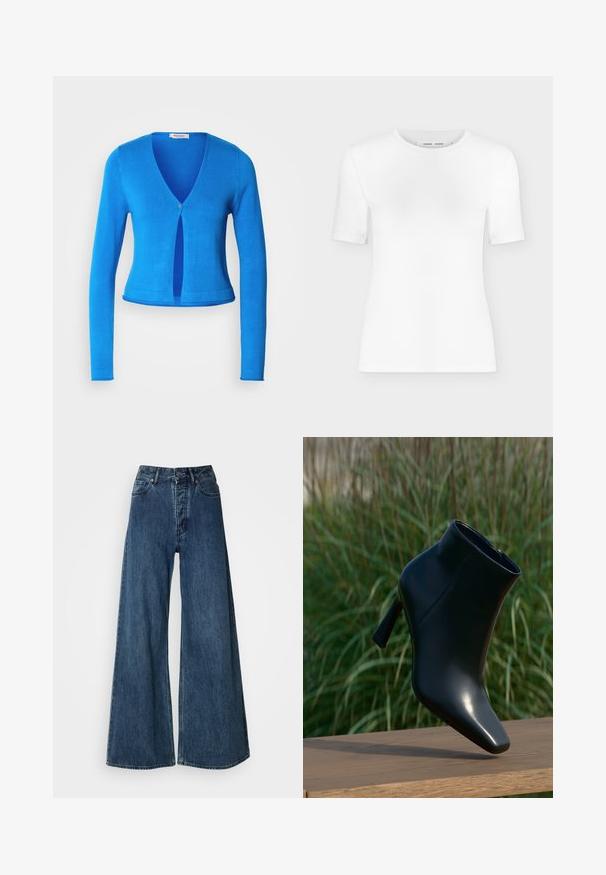 Cárdigan azul de manga larga con escote en V profundo y cierre de un solo botón, que presenta un diseño ajustado y una tela suave y ligera.; Camiseta blanca de manga corta con cuello redondo, ajuste slim y textura de tejido acanalado, mostrada sobre un fondo liso gris claro.; Jeans de mezclilla de pierna ancha en azul oscuro, con cintura alta, diseño de cinco bolsillos y costuras en contraste. Tejido clásico y duradero.; Botín negro de cuero hasta el tobillo con punta afilada y tacón de aguja; textura suave y brillante; cuenta con una cremallera lateral. El fondo sugiere vegetación.