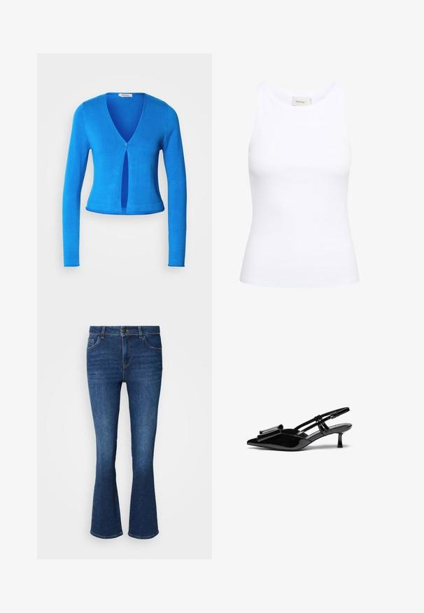 Cárdigan azul de manga larga con escote en V profundo y cierre de un solo botón, que presenta un diseño ajustado y una tela suave y ligera.; Top sin mangas de canalé blanco con escote redondo. Tejido elástico y diseño ajustado. La etiqueta en la parte posterior dice "GESTUZ."; Vaqueros de mezclilla azul acampanados con cintura alta, que cuentan con cinco bolsillos, cierre de botón y costuras en contraste a lo largo de las costuras.; Zapatos de tacón slingback de charol negro con punta afilada, detalle de lazo en el frente y un pequeño tacón de aguja. Las correas tienen hebillas ajustables.
