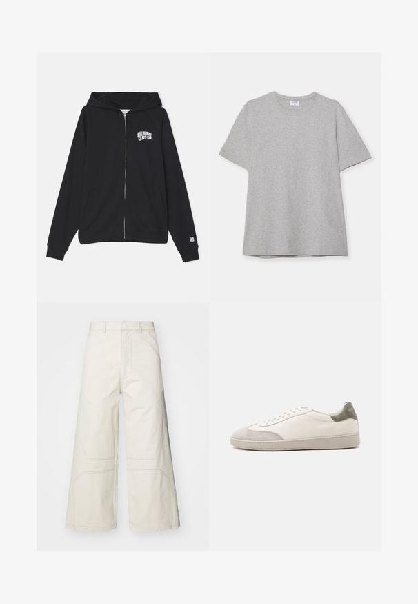 Sort zip-up hættejakke lavet af en blanding af bomuld, med en kengurulomme, snoretræk i hætten og frontlogo. Blød tekstur og ribbede mansjetter.; Grå kortærmet T-shirt lavet af blødt, struktureret stof. Har en klassisk rund hals og en lige kant, velegnet til afslappet brug.; A-COLD-WALL* FORMAT PANT - Bukser - beige bone; Hvid lav sneaker med lysegrå ruskind på tå og hæl, hvide snørebånd og en flad beige sål, vist fra ydersiden.