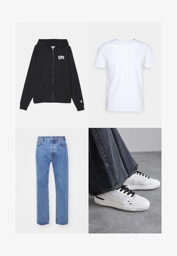 Schwarze Reißverschluss-Hoodie aus Baumwollmischung mit Kängurutasche, verstellbare Kapuze und Logo auf der Vorderseite. Weicher Stoff und gerippte Bündchen.; Weißes T-Shirt mit kurzen Ärmeln aus Baumwollstoff und rundem Halsausschnitt. Schlichtes Design ohne Muster oder Akzente. Glatte Textur.; Won Hundred STEVE - Jeans Relaxed Fit - cut blue; Weiße Sneakers mit schwarzen Schnürsenkeln und Netzdetails. Die Schuhe verfügen über ein glattes Lederobermaterial und eine strukturierte Gummisohle. Kombiniert mit weiten, grauen Jeans.