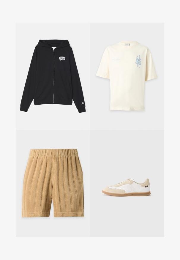 Schwarze Reißverschluss-Hoodie aus Baumwollmischung mit Kängurutasche, verstellbare Kapuze und Logo auf der Vorderseite. Weicher Stoff und gerippte Bündchen.; Off-white T-Shirt mit kurzen Ärmeln, hellblauem abstraktem Design und kleinem kursivem Text auf der linken Brust.; Beige Frottéshorts mit vertikal gesteppter Streifen und elastischem Bund, auf hellem Hintergrund gezeigt.; Weißer Sneaker mit hellbeigen Wildledereinsätzen, perforierten Details, flachen Schnürsenkeln und einer Gummisohle in Karamellfarbe. Mit gestreiftem Markenlogo an der Ferse.